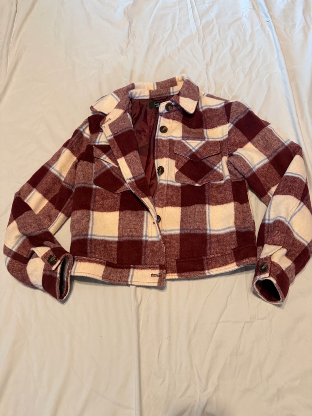 CoffeeShop Burgundy and Cream Plaid Button-Front Shacket 0036